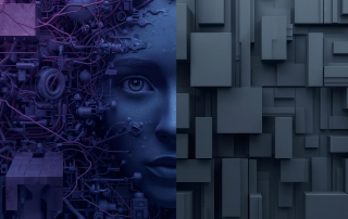 A face representing CAI shown side by side with traditional software