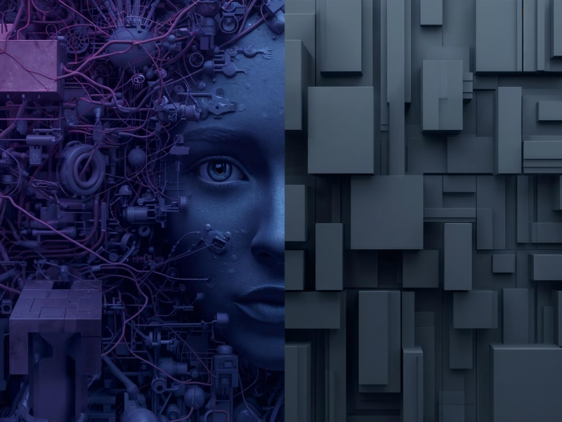 A face representing CAI shown side by side with traditional software