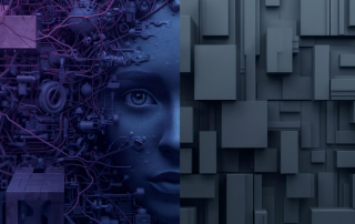 A face representing CAI shown side by side with traditional software