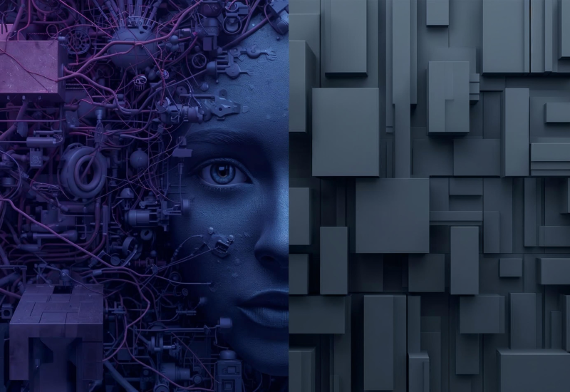 A face representing CAI shown side by side with traditional software